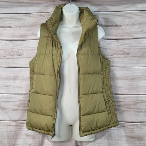 Old Navy Frost Free Puffer Vest Fleece Lined Snap Pockets Olive Green M - Picture 2 of 7